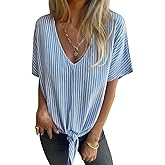 Women's Summer Tops Trendy V Neck Tie Front T-Shirt Casual Short Sleeve Loose Fit Top Blouses