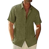 Runcati Mens Button Down Linen Shirts Short Sleeve Casual Collared Summer Beach Untucked Tops