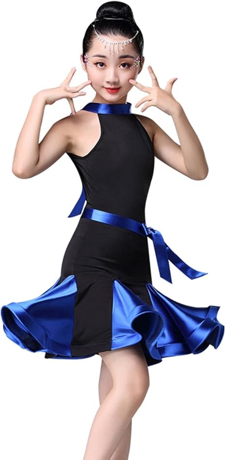 Amazon Rikouzy 女の子 ラテンドレス ラテンダンス ワンピース 後ろ首にリボン付け 可愛い レッスン練習着 キッズ 子供用ダンスウェア ステージ衣装 演出服 ブルー 160cm キッズコスチューム おもちゃ