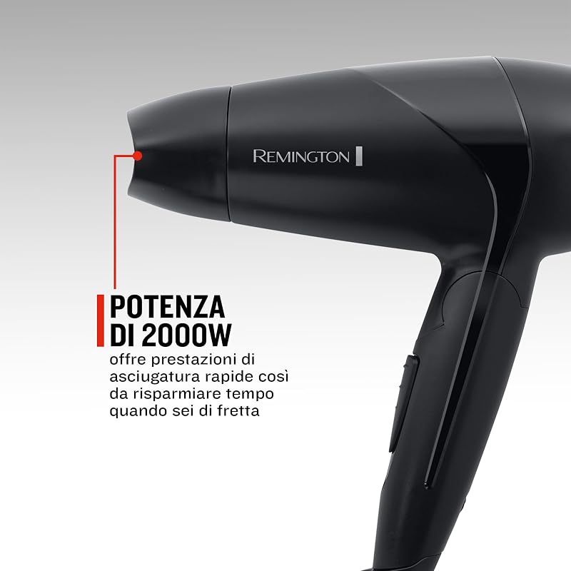 Asciugacapelli 2000W - Pieghevole e Potente - Asciugacapelli da Viaggio, Bacchetta e Diffusore per styling, 2 livelli di riscaldamento e ventola, On The Go D1500