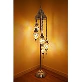 HGMASH Turkish Floor Lamp with 5 LED Bulbs for Living Room | 61" Tall Boho Accent, Antique Brass Finish Metal, Olive Glass Shades, Vintage Hand-Hammered Weighted Base, E12 Base
