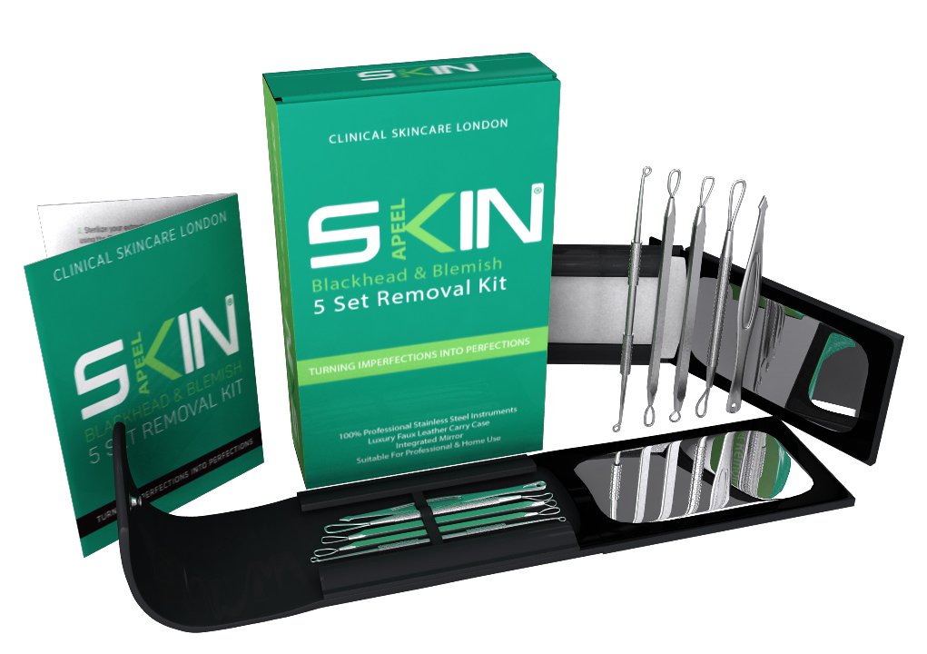 Skinapeel Premium Blackhead & Blemish Remover Kit - Acne Treatment 5 Dermatologist Stainless Steel Grade Tools - Blackheads, Acne & Facial Impurities - Travel Case & Integrated Mirror