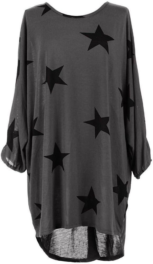 ZEE FASHIONWomen Ladies Star Printed Batwing Low Back Plain Baggy Tunic Top Dress Plus Size