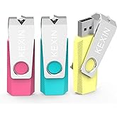 KEXIN 64GB USB Flash Drive 3 Pack - Swivel Thumb Drives with LED Indicator, High-Speed USB 2.0 (Pink/Yellow/Cyan) for Data St