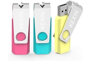 KEXIN 64GB USB Flash Drive 3 Pack - Swivel Thumb Drives with LED Indicator, High-Speed USB 2.0 (Pink/Yellow/Cyan) for Data St