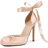 Celbreez Ballet Heels for Women Closed Square Toe Bow Ballerina Heels Lace Up Pink High Heels Slingback Women's Pumps Strappy Stiletto Elegant Party Mary Janes Shoes