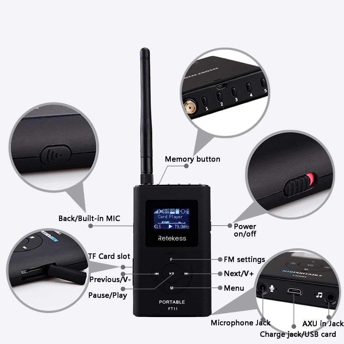Retekess FT11 0.3W Portable FM Transmitter,Mini Radio Stereo Station,Support TF Card and AUX Input,2000mAh Rechargeable FM Broadcast Transmitter for Drive-in Church School Tour Guide Home Outdoor: Musical Instruments