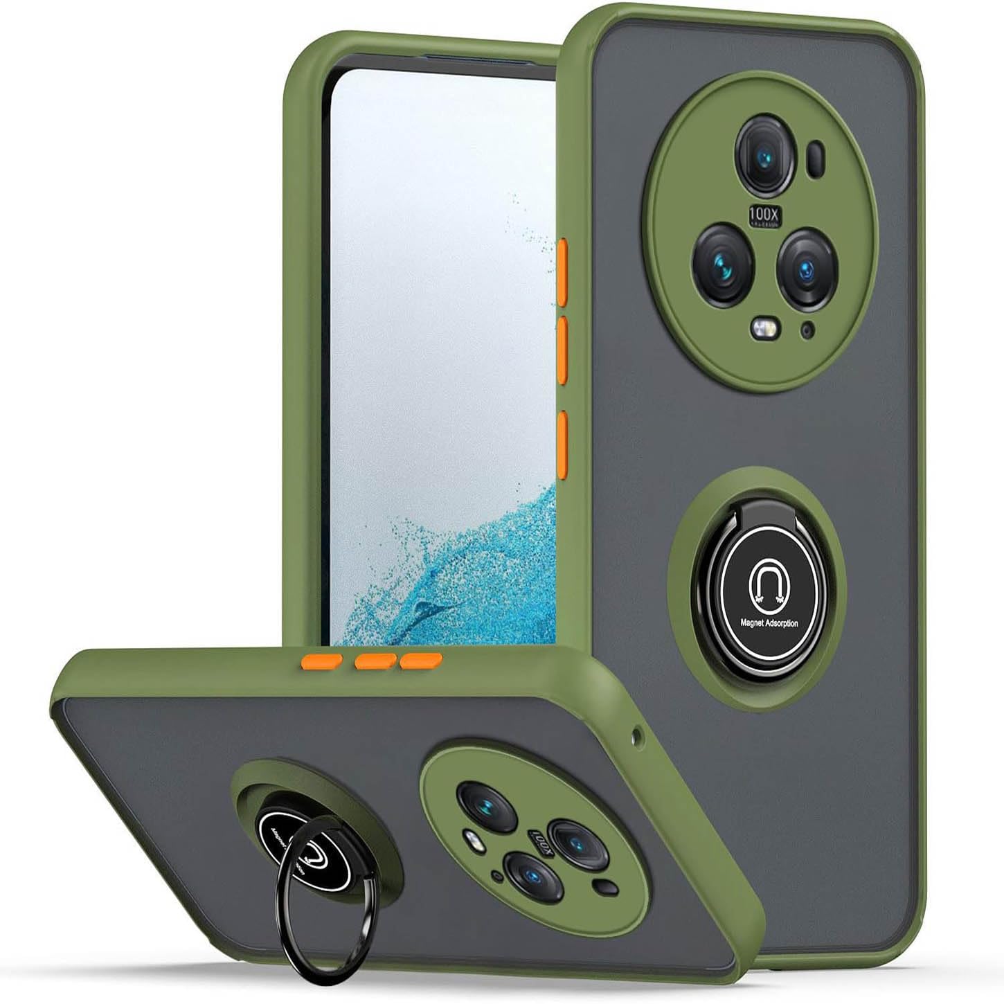 ILING Case for Honor Magic 5 Pro/Magic5 Pro, Ultra-thin Translucent Matte Frosted PC Hard Back Cover, Soft Silicone TPU Bumper Shockproof Protective Case with Ring Kickstand (Army Green)