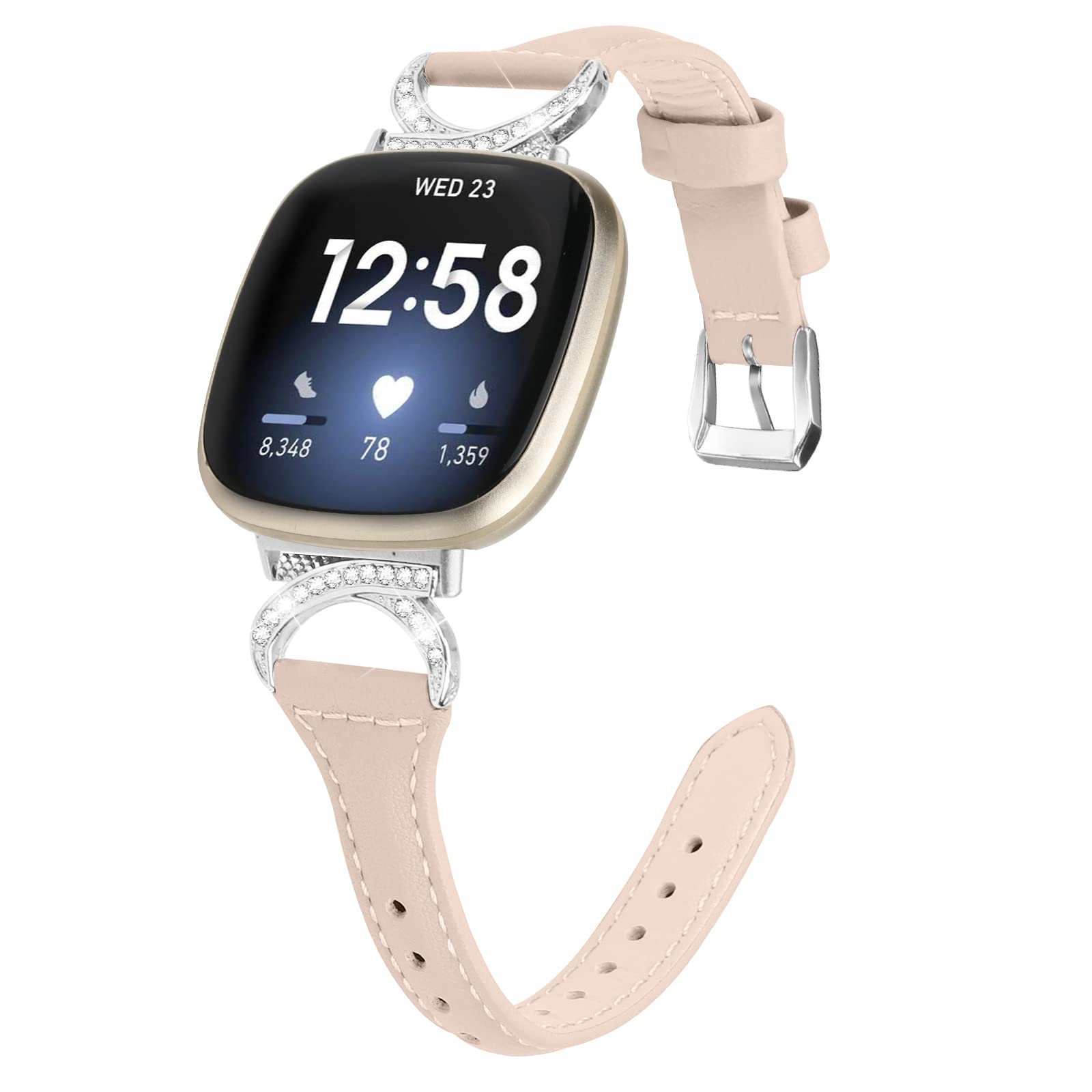 Gimuk Leather Strap Compatible with Fitbit Versa 4/Sense 2, Women's Genuine Leather Sport Band with Metal Bling Rhinestone for Fitbit Versa 3/Sense (Apricot)