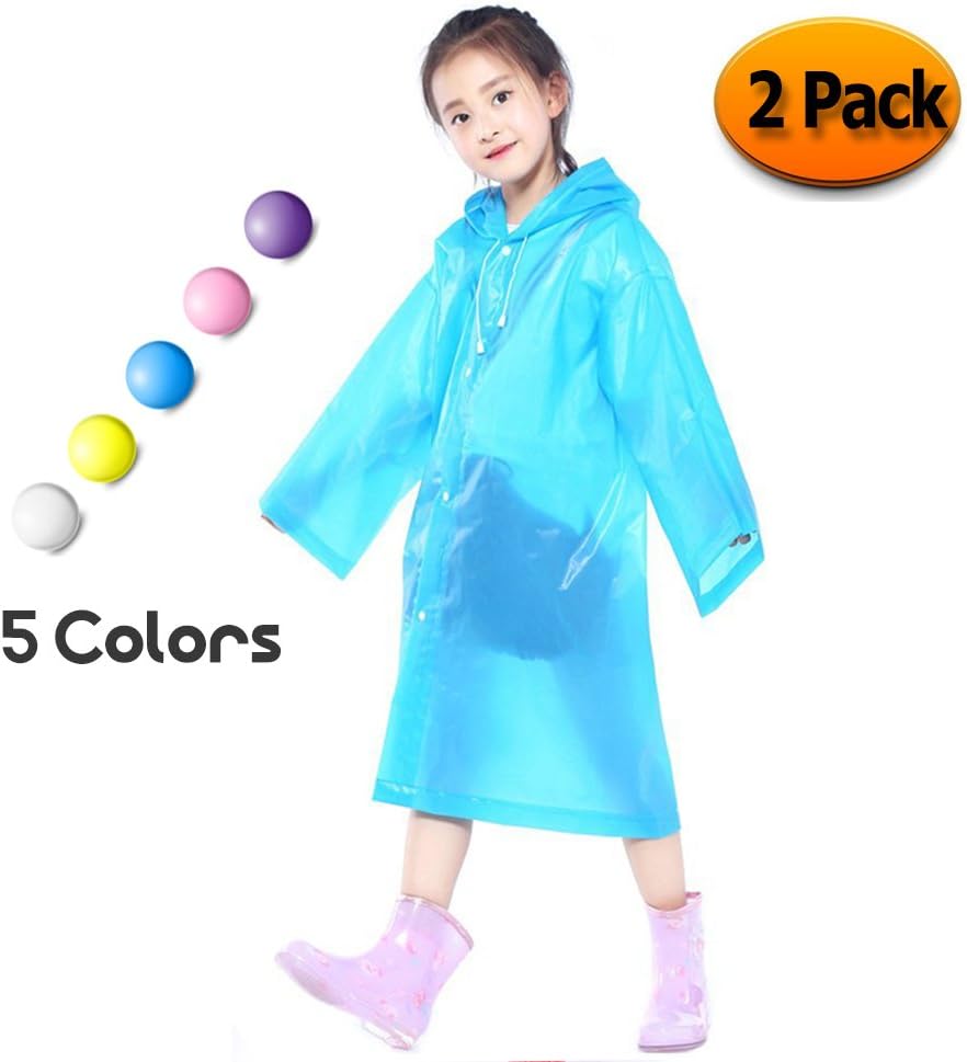 Kids Children Rain Poncho - Portable PVC Lightweight Waterproof Emergency Raincoat for Girls Boys with Hoods and Sleeves Perfect for Outdoor Activities Blue (2 Pack)
