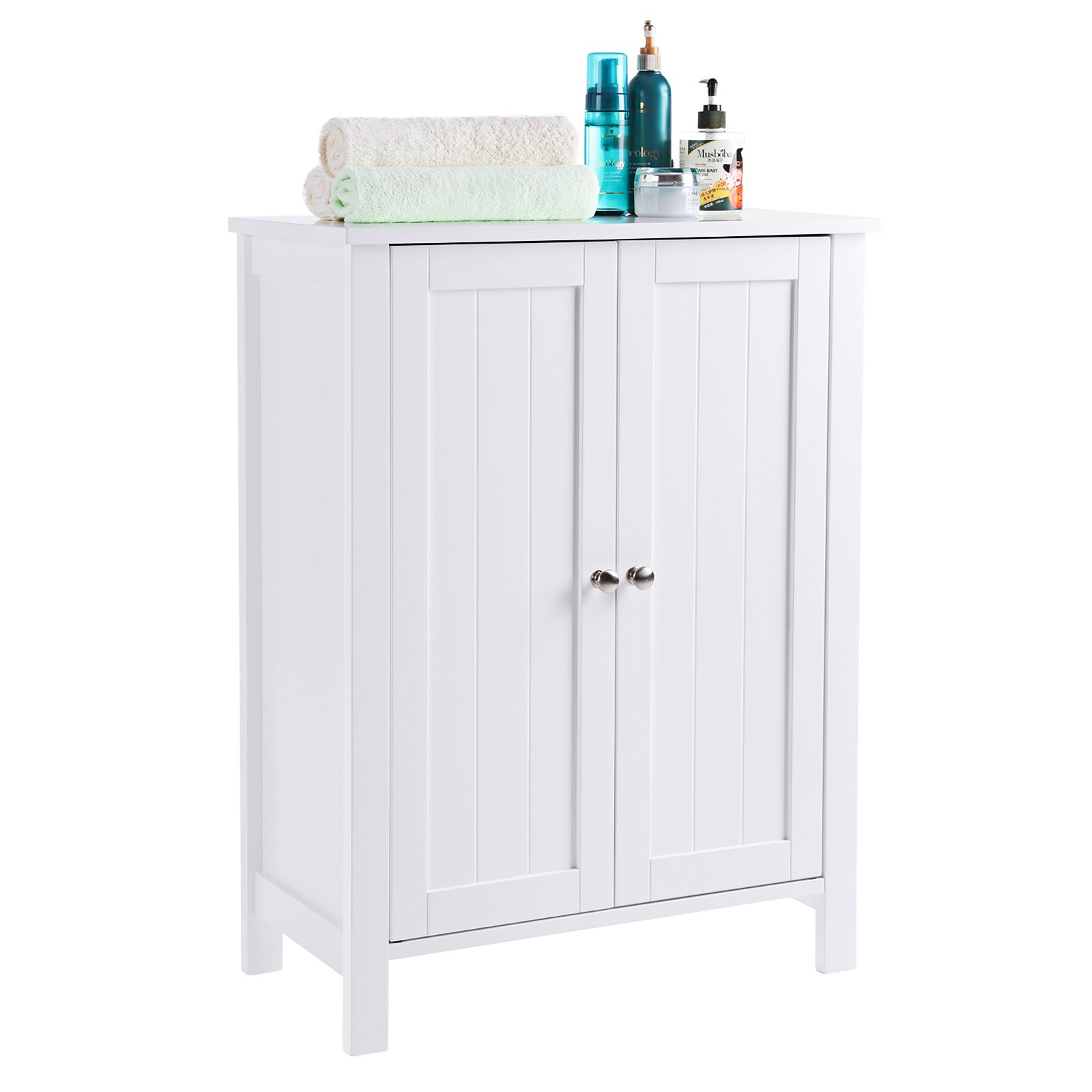 Songmics Bathroom Floor Storage Cabinet With Double Door Adjustable Shelf White