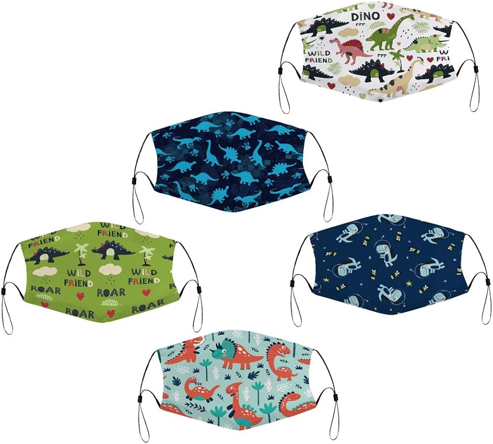 5 Pcs Big Kids Bandana with Cute Pattern Reusable Cloth Kids Face Bandanas Covering Set for Teens Boys Girls Ages 8-17 (Dinosaur): Clothing