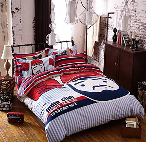 Old man Cartoon Duvet Cover Set Stripe Solid printing Mustache Bedding sets All Cotton Comforter Cover+flat Sheet/fitted sheet+Pillowcase (Queen(flat sheet), Indie Club)
