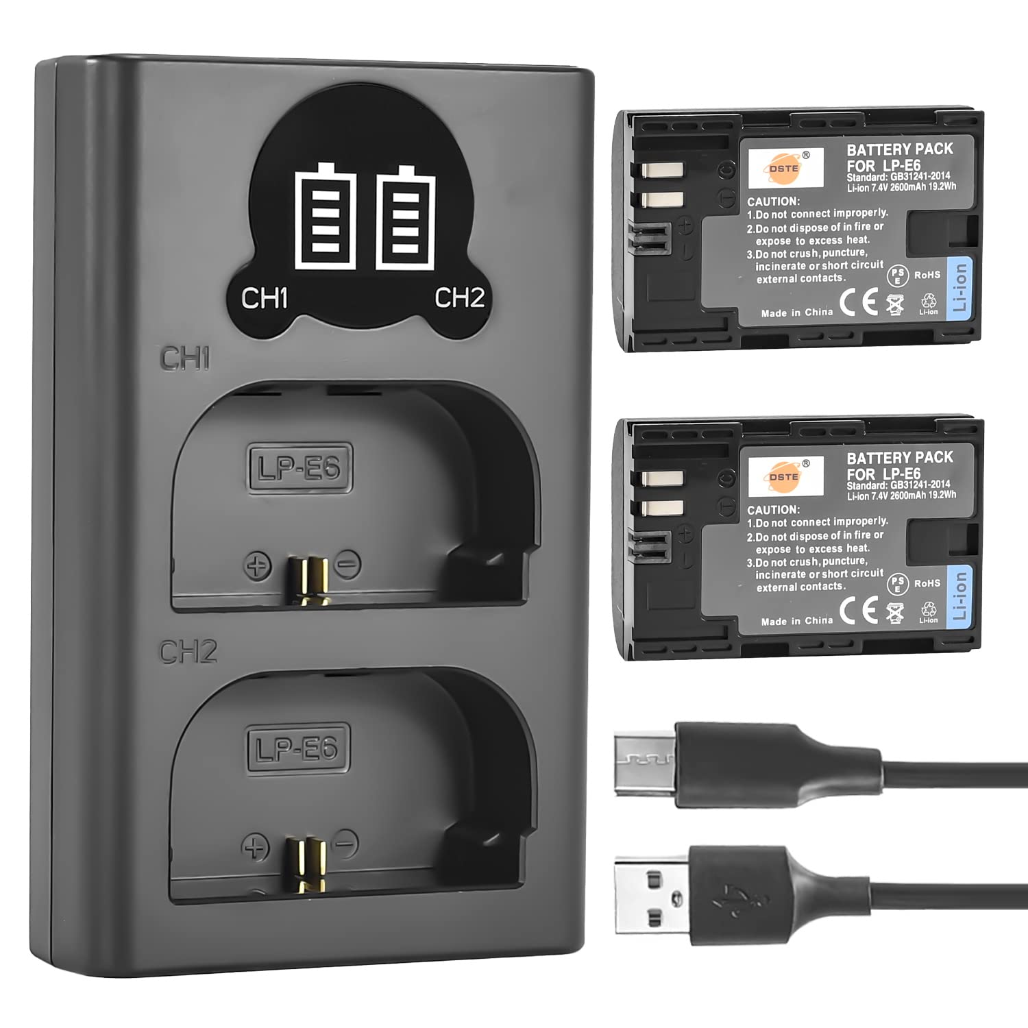 DSTE LP-E6 LPE6 Rechargerable Battery (2-Pack) and Smart LED Dual USB Charger Compatible with Canon EOS 5D Mark II, DS Mark III, 5D Mark IV, 5DS, 5DS R, 6D, 7D, 7D Mark II, 80D, 70D, 60D, 60Da