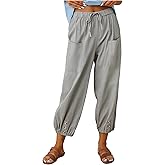Women's Capri Pants High Waist Drawstring Cinch Bottom with Button Cotton Loose Casual Trouser with Pockets