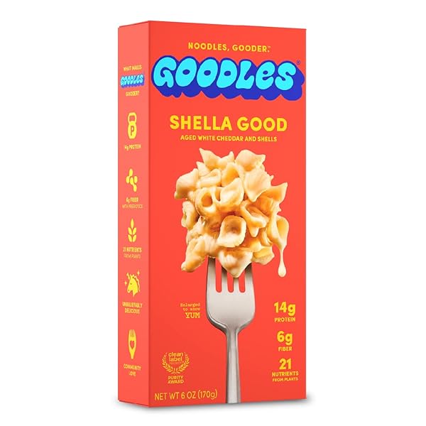 GOODLES SHELLA GOOD AGED WHITE CHEDDAR AND SHELLS PASTA – NUTRIENT PACKED WITH REAL CHEESE, FIBER, PROTEIN, PREBIOTICS, PLANTS, & VEGETABLES | NON-GMO, ORGANIC INGREDIENTS [SHELLA GOOD, 6 OZ. 1 PACK]