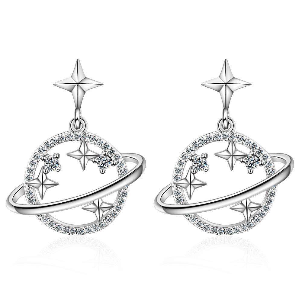 Women's Celestial Outer Space Star Stud Earrings Micro Paved Cubic Zircon Crystal Saturn Planet Earrings
