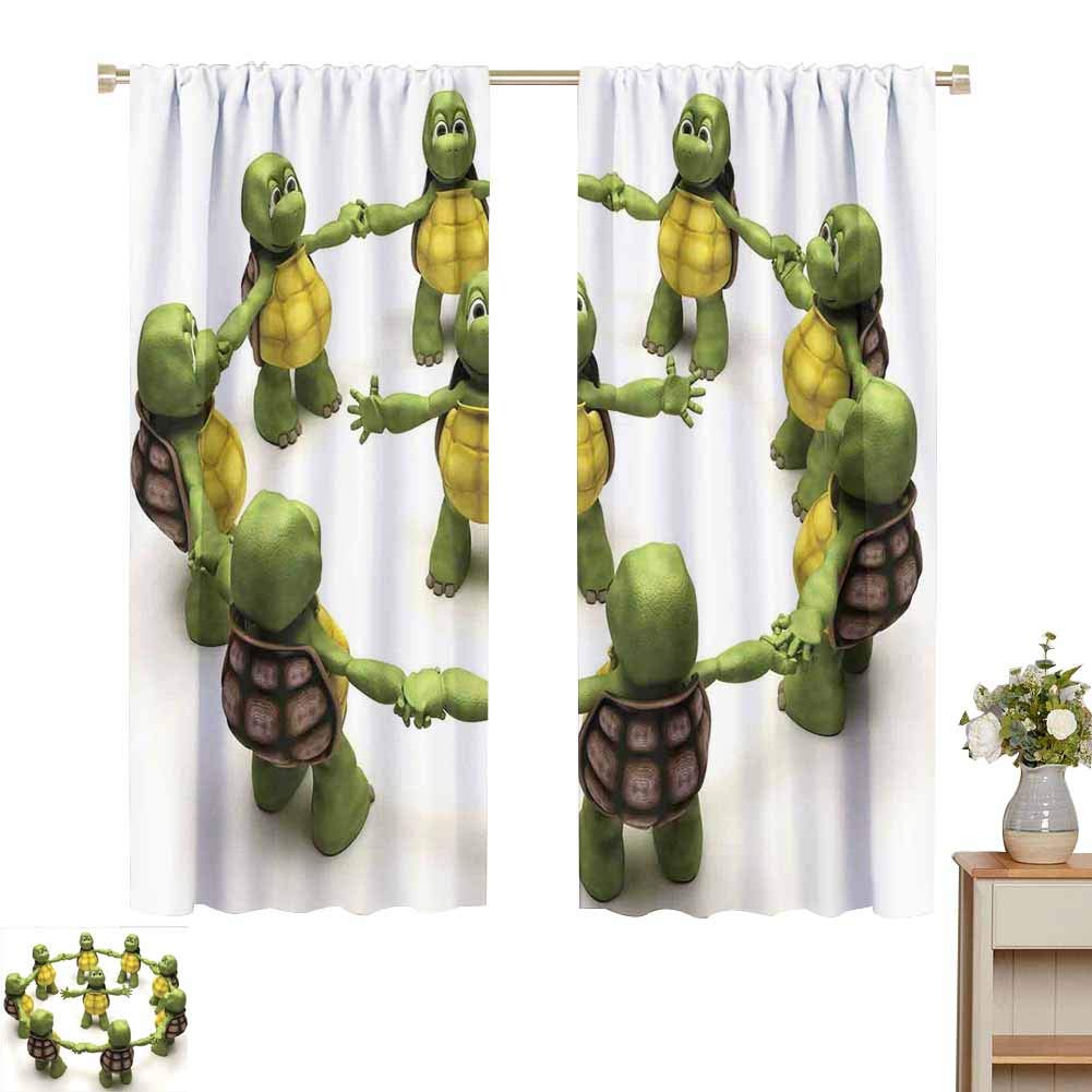 Reptile Insulated Blackout Curtain Ninja Turtles Dancing Tortoise Team Relax Fun Happiness Childhood Kids Print Curtain Backdrop W52 x L72 Green White Brown