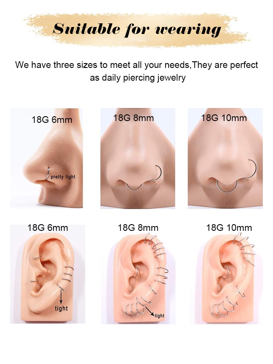 18g Nose Rings Hoop and 20g Nose Studs Sets for Women Men,Hypoallergenic 316L Surgical Stainless Steel Hinged Clicker Segment Nose Rings Hoop Helix Cartilage Daith Tragus Sleeper Earrings Silver Gold Black L Shape/Corkscrew/Straight Nose Studs Real Body Piercing Jewelry