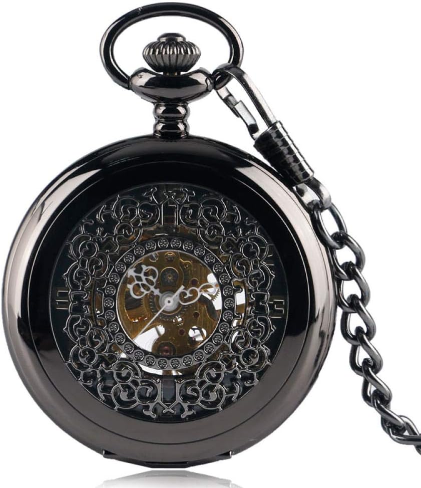 HELBOD Pocket Watch Black Stylish Vintage Pocket Watch Gift Retro Mechanical Carving Hand Winding Grilles Pendant Fob Watch