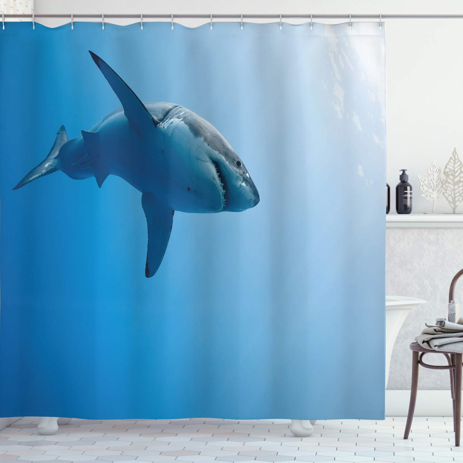 ABAKUHAUS Shark Shower Curtain, Fish Swimming in The Ocean Underwater Beauty Tropical Island Water Nature Landscape, Fabric Bathroom Decor Set with Hooks, 94" Inches, Light blue
