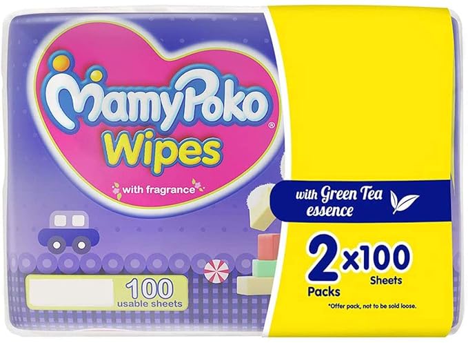 MamyPoko Wipes with Green Tea Essence - Pack of 100 * 2 Wipes with Fragrance (100 * 2 = 200 Wipes)