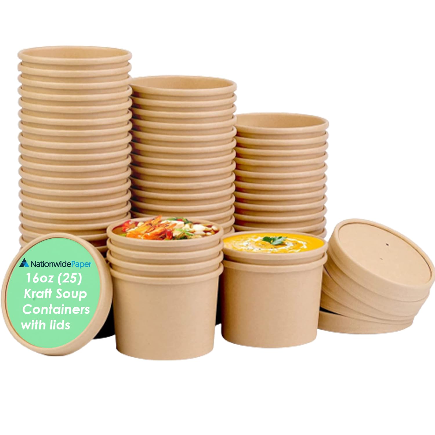 Nationwide Paper 25 Pcs Brown Kraft Disposable Soup Containers with Lids 16oz -475ml