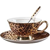 YBK Tech Euro Style Bone China Cup& Saucer Set, Ceramic Tea Coffee Cup for Home Kitchen Wedding (Leopard Pattern)