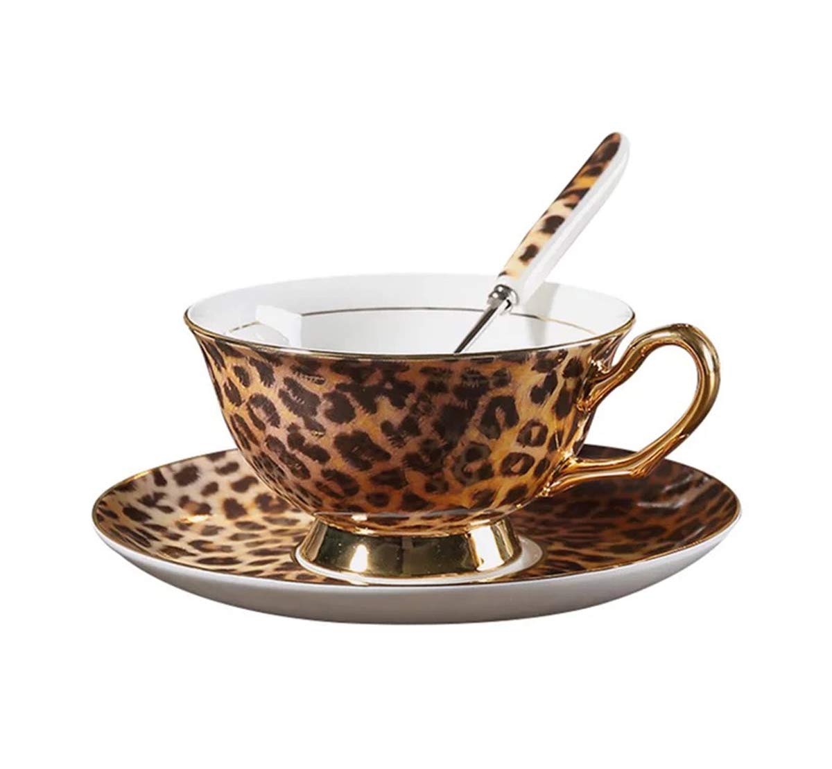 Eplzeยฎ YBK Tech Euro Style Bone China Cup& Saucer Set, Ceramic Tea Coffee Cup for Home Kitchen Wedding (Leopard Pattern) โ image 1