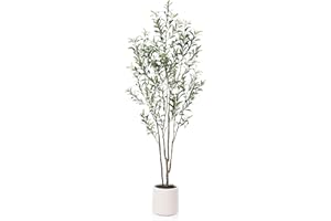 LOMANTO Artificial Olive Trees, 7 ft Tall Fake Olive Trees for Indoor, Faux Olive Silk Tree, Large Olive Plants with White Planter for Home Decor and Housewarming Gift, 1 Pack