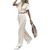Verdusa Women's 2 Piece Outfits Dolman Short Sleeve Crop Top and Long Pants Clothing Sets
