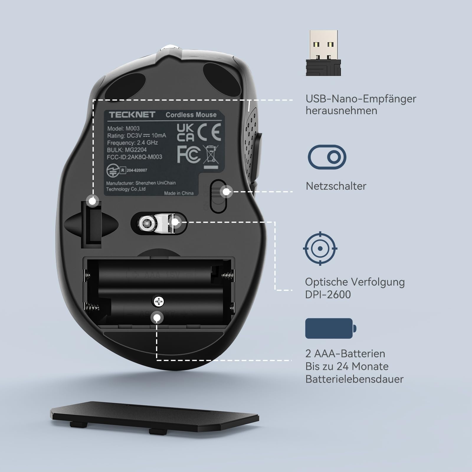 TECKNET Kabellose Maus, 2.4G Optische Funkmaus mit USB Empfänger, 2600 DPI, 24 Monate Akkulaufzei, Ergonomisches Design Wireless Mouse Kompatibel mit Laptop, PC, MacBook, Office Home, Grau 7