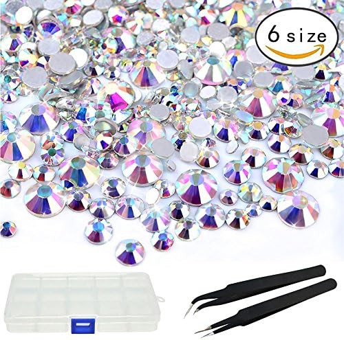 Jetloter 3456 Pieces 6 Sizes Crystal AB Rhinestones with 15 Grids Jewelry Organizer, Tweezers Nail Art Rhinestones Round Beads Flatback Glass Charms Gems Stonesfor Nails Decoration Makeup Clothes