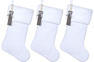 Shgngle White Velvet Quilted Personalized Christmas Stocking,19.5 Inch Fireplace Hanging Stockings with Blank Wooden Tags DIY Name,Family Holiday Decorations and Xmas Gift(White 3Pcs)