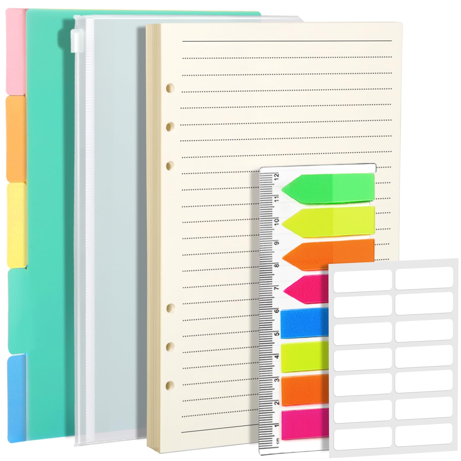 FANDAMEI A5 Refills - Lined Paper Set with PP Binder Divider, Neon Index Flag & Zipper Pocket, Paper Inserts with Subject Divider, Planner Inserts