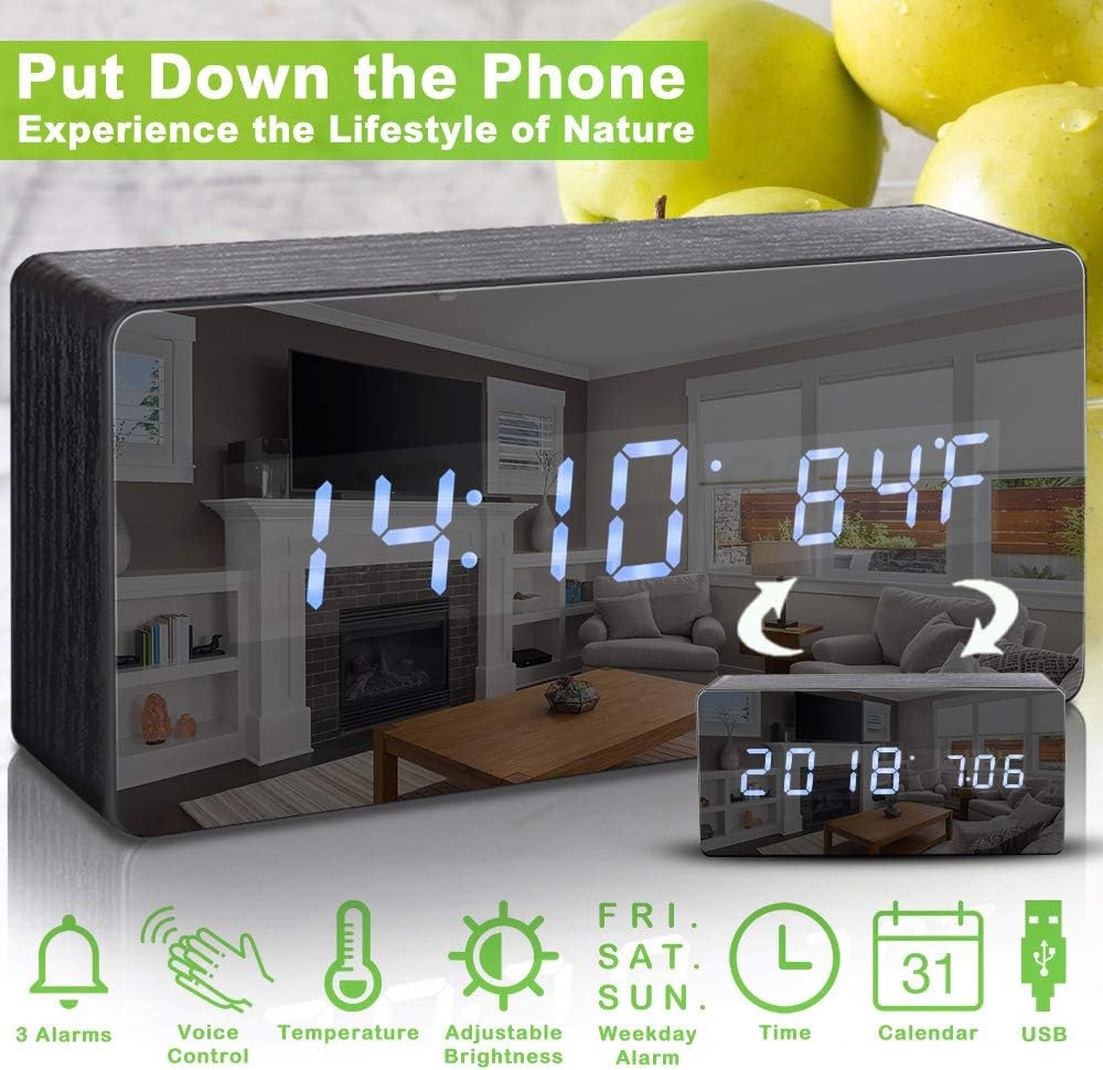 Digital Alarm Clock, LED Wooden Desk Alarm Clock for Kids with Adjustable Brightness, Voice Control Clock with 3 Alarm Sets & Temperature Date LED Display for Travel Bedroom and Office