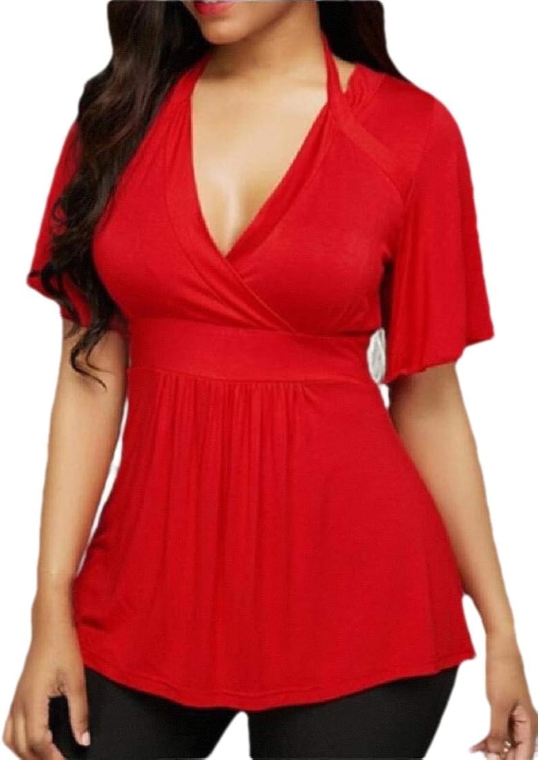 Gocgt Women's Summer Halter Tops V Neck T Shirt Short Sleeves Blouse