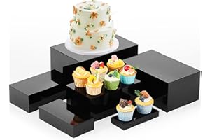 Leinuosen 6 Pcs Large Buffet Risers, 7 to 12 Inch Catering Dessert Table Risers Food Decorative Stands with hollow bottom for Catering Supplies, Party(Black, Rectangle)