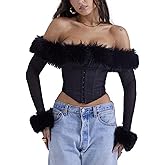Evankin Women's Sexy Tops Plush Boat Neck Off Shoulder Tops Mesh Long Sleeve Irregular Top