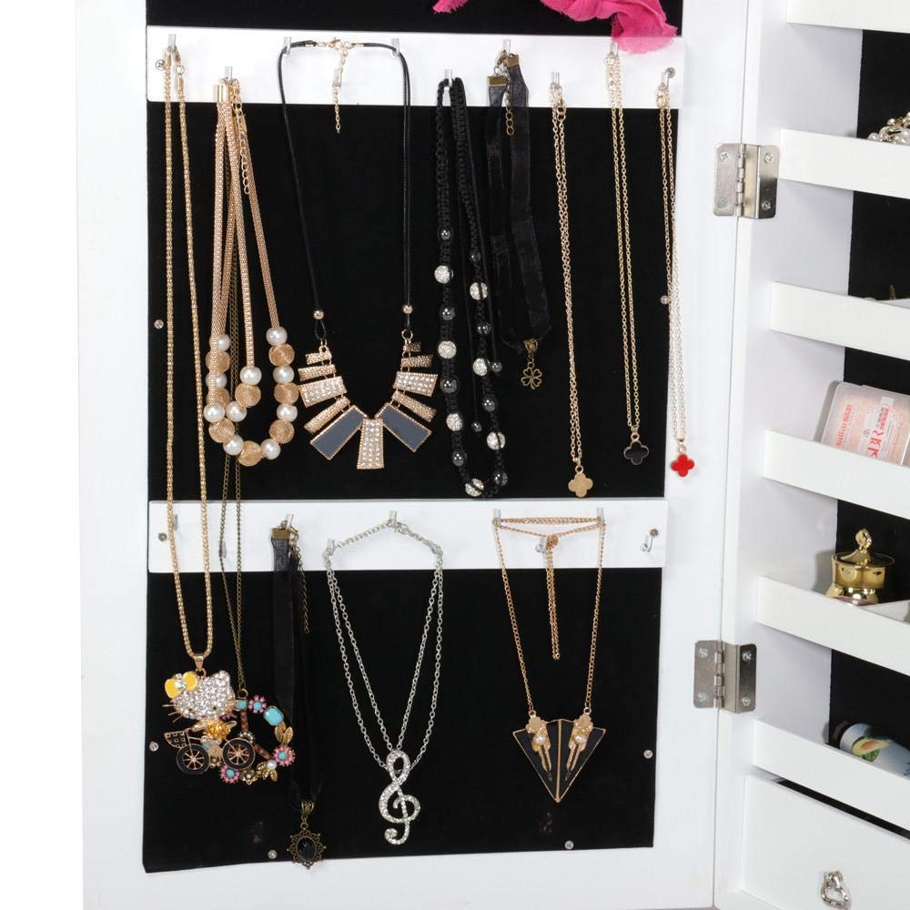 Popamazing Jewellery Cabinet Free Standing Lockable Large Storage Capacity Full Length Mirror Jewelry Armoire 47x38x150.5 cm/18.5x15x59.3’’ (LxWxH)