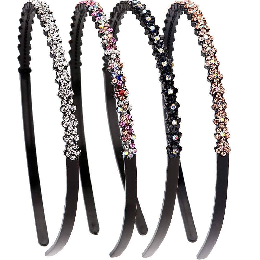 LONEEDY 4 Pack Fashion Rhinestone and Crystal Hard Headbands, Non-slip Teeth Hairband for Women