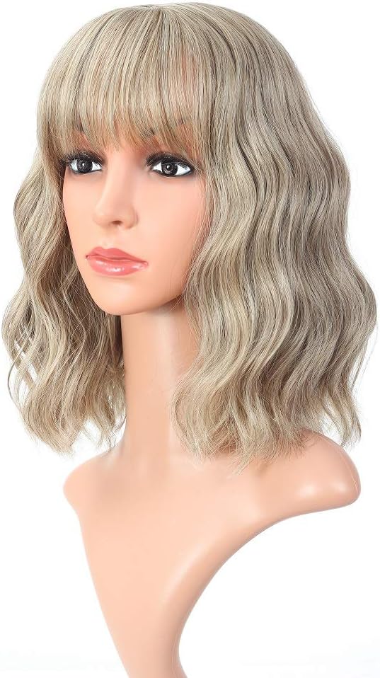 Short Natural Wavy Wig With Air Bangs Synthetic Heat Resistant Fashion Hairstyles For Women Curly Bob Cosplay Party Wig For Girls-12",Mix Blonde