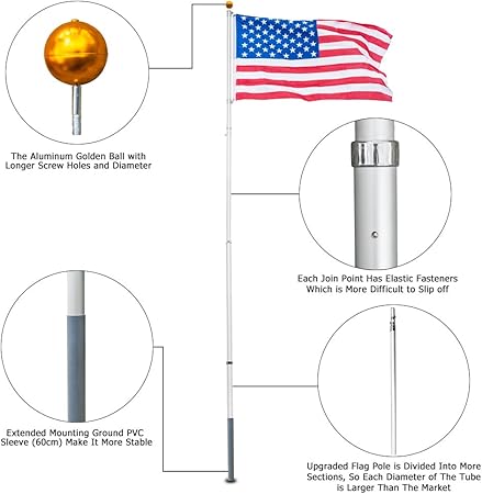Amazon Com Vingli Telescopic 20ft Upgraded Aluminum Flagpole Outdoor Halyard Flag Pole Durable Kit Free 27 33mph 3 X5 Usa American Flag Fly 2 Flags Perfect For Residential Garden Outdoor Canopy Patio Garden