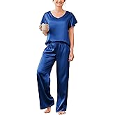 Ekouaer Women's Satin Silky Pajama Set 2 Piece Short Sleeve Shirt with Long Pants Pjs Sets Soft PJ Loungewear S-XXL