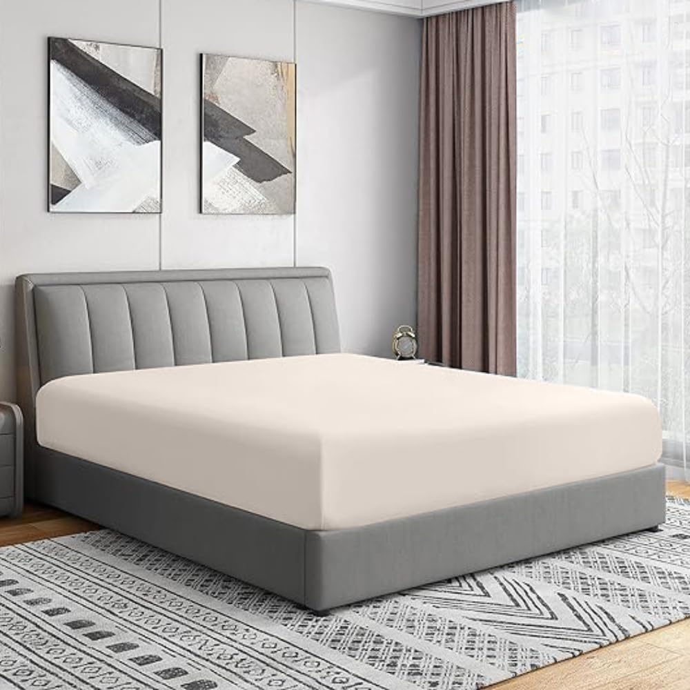 Bottom Fitted Sheets Stretches Up to 25cm Deep Mattress Pocket 100% Pure Egyptian Cotton 200 Thread Count Fitted Bedsheet Soft & Comfortable Hotel Quality Bottom Sheets (Cream, Single)