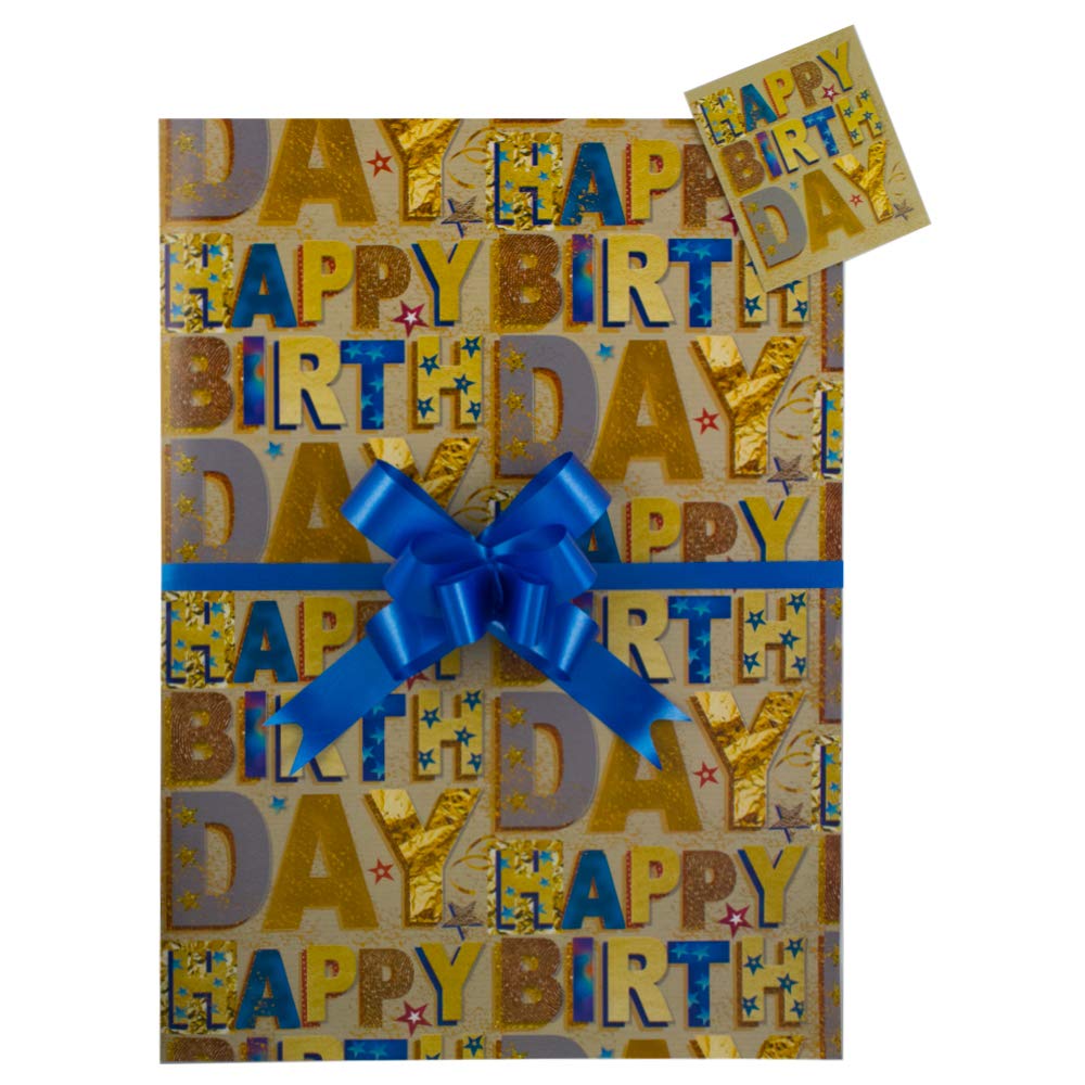 Happy Birthday, Beige Gift Wrap Pack, 2 Sheets Wrapping Paper, 2 Tags and 2 Pull Bows, Birthday Gift Present