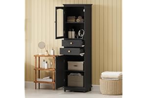 63 Inch Tall Bathroom Storage Cabinet with Glass Doors, Modern Freestanding Organizer with Drawers and Shelves (Black)