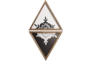 flangairy Floral Wall Decor Wooden Botanical Wall Art Framed Boho Wood Geometric Triangles Black White Bedroom Bathroom Room Home Decorations