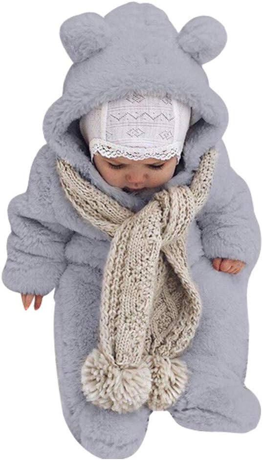 Sameno Newborn Baby Cartoon Bear Snowsuit Winter Faux Fur Fleece Romper Warm Snow Coat Hooded Bodysuit Jumpsuit 0-2 T