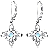VONALA Witches Knot Earrings Sterling Silver Celtic Knot Moonstone Dangle Drop Earrings Irish Knot Four Corner Dangling Earrings Triquetra Wicca Magick Jewelry for Women Gifts